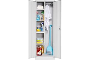 ‎FURNI24 furni24 TÜV/GS - Metall Putzmittelschrank – Wäsche Schrank aus Stahl mit Türen, Garderobenstange, große Fächer, Hutablage, fertig montiert - Grau, XXL 60 x 50 x 180 cm