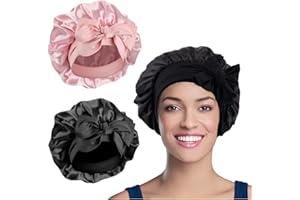 WUBAYI 2PCS Satin Bonnet, Silk Bonnet Hair Wrap for Sleeping, Hair Bonnet for Bath, Tie Band for Women Long Curly Braid Hair