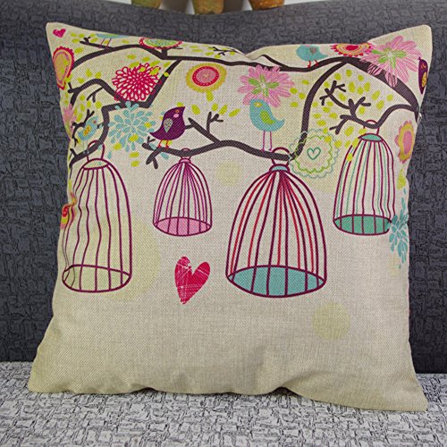 Vogel und Vogelkäfig Kissenbezug Lendenkissen Pillowcase Sofakissen 45x45cm, Hellbraun