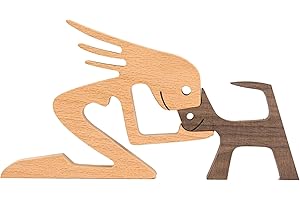 HUANRU Neueste Holzfiguren Skulptur Ornamente Set, abstrakte Stil Menschen mit Hund Statue, Freundschaft Zwischen Hund Und Menschen Denkmäler Statue Für Männer Frauen Jungen Mädchen Alte Leute