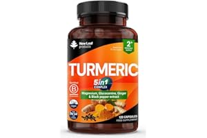 NEW LEAF PRODUCTS Turmeric 5-in-1 Complex - 5000mg Turmeric Capsules High Strength Enriched with Magnesium & Glucosamine Sulphate - Added Ginger Capsules + Black Pepper, 95% Curcumin Supplement - Vegan Supplement
