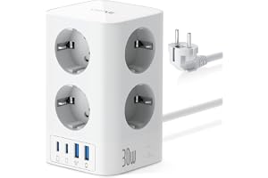 VEFVE Grenuttag Torn med USB C 30W Snabbladdning, 8 Uttag och 4 USB, Förgreningsdosa med Strömbrytare och Överspänningsskydd, 3m Kabel, 4000W 16A, Svart – för Kontor, Hem, Gaming