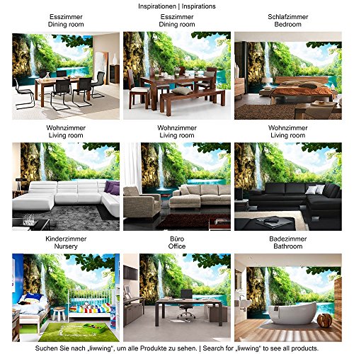 Vlies Fototapete PREMIUM PLUS Wand Foto Tapete Wand Bild Vliestapete – WATERFALL IN PARADISE – Wasserfall Lagune, Paradies Berge See Wald Bäume Landschaft – no. 035, Größe:350x245cm Vlies - 4