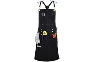 QeeLink Work Apron with 10 Tool Pockets, Woodworking Fireproof Canvas Apron for Carpenter, Adjustable M to XXXL Cross back Tools Apron, Black