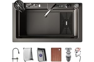 OMGMTSTORE Lavandino a cascata in acciaio inox con display Screen Single Bowl lavello da cucina lavello con cascata Pull-Down rubinetto e set completo di accessori