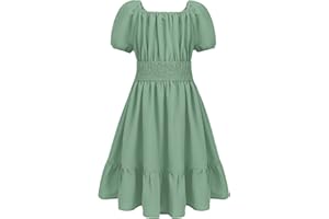 Arshiner Robe Fille Robe de Soirée élégante à Manches Courtes Robes d'été Enfants Plaine Une Ligne Robe Décontractée Volants Robe de Princesse Nouer au Dos 4-13 Ans