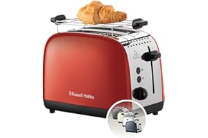 Russell Hobbs Grille pain [Pour 2 tranches] Colours Plus Inox rouge (fentes extra larges, 6 niveaux de brunissage rapide, surélévation et contrôle, décongélation, réchauffage, 1600W) Toaster 26554-56