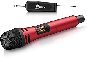 TONOR Micrófono Inalámbrico, Sistema de Micrófono Dinamico de Mano Inalámbrico de UHF con Receptor Recargable, Salida de 1/4" para Amplificador, Sistema PA, Máquina de Karaoke, 60m, Rojo