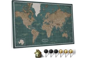 CANVASCALE Canvas World Map with Cork Pin Board - English Lettering - Decorative Wall Decoration for All Rooms - Canvas Pictures with World Map Motif (70x50 cm, Pattern 4)