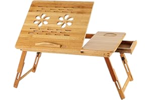 SUPFINE Table de Lit Pliante pour Ordinateur Portable en Bambou, Plateau Réglable pour Ordinateur Portable de Lit Lapdesk, pour Petit Déjeuner avec Tiroir, Trous de Refroidissement (66x35x30cm, Fleur)
