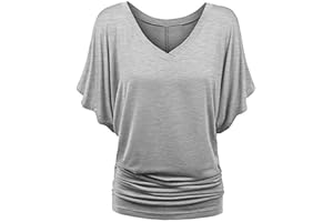 TIMEMEAN Femme Blouses Chemise à Manches Chauve-Souris Et Ourlet Replié Tunique De Couleur Unie à Manches Courtes Et Col en V De Grande Taille