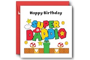 Printperfect daddy birthday cards, happy birthday daddy Mario inspired, funny daddy cards from son or daughter super daddio (Red Envelope)
