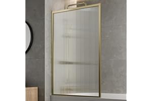 LUXURA® Brushed Brass Square Framed Fluted Over Bath Shower Screen 6mm Toughened Safety Glass Panels 800mm Bathroom Reversible Screen