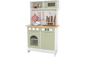 Teamson Kids Little Chef Boston Modern Farmhouse - Juego de Cocina de Madera con características interactivas y 9 Accesorios de Cocina, Verde Claro/Blanco TD-12679E