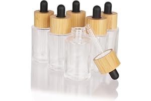 COSIDEA Lot de 6 flacons vides en verre transparent de 30 ml avec couvercles compte-gouttes en bois de bambou pour sérum et huile essentielle, conteneurs d'huiles cosmétiques, flacons compte-gouttes