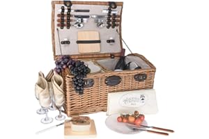 ‎LES JARDINS DE LA COMTESSE Les Jardins de la Comtesse - Gisors Honey-Coloured Willow Picnic Basket - Fully Equipped / 4 People / Cooler Compartment and Ceramic Plates / Wine Glasses Made of Real Glass/Cream Fabric - 48 x 36 x