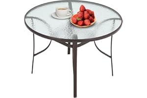 DKIEI 105cm Round Outdoor Table Coffee Table Patio Table Garden Dining Table Patio Bistro Steel Frame Tempered Glass Table Top with Umbrella Hole for Yard Bistro Lawn Balcony, Brown
