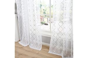 Kotile White and Silver Curtains - Metallic Silver Geometric Moroccan Tile White Voile Curtains 90 Inch Drop for Bedroom, Privacy Light Filtering Eyelet Net Curtain, 46 x 90 Drop, 2 PCs