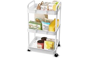 Baxcdyswe Chariot à 3 Niveaux Desserte à roulettes, Blanc Plastique Rangement Chariot de Service avec 4 Crochets pour Cuisine, Salle Bain, Bureau, 38 × 25 × 76 cm Desserte Rangement Multifonctionnel