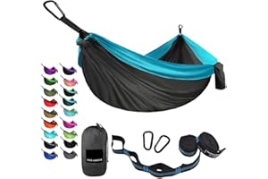 Gold Armour Camping Hammock - USA Brand Single Parachute Hammock (2 Tree Straps 10 Loops/20 ft Included) Lightweight Nylon Portable Adult Kids (Gray and Sky Blue)