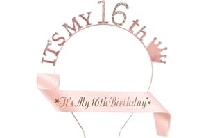 LAMEK Diadème couronne 16 ans Bandeau anniversaire Echarpe en or rose pour Fille Femme Décoration de Fête D'anniversaire (16 ans)