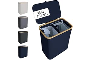 NOSTHEART Panier à Linge 2 Compartiments 145L Corbeille à Linge Pliable avec Couvercle & Bambou Poignée, Panier à Linge Sale pour Sale Vêtements, XL Bleu Marine