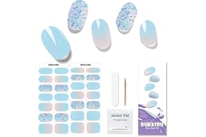DUKASOU 28 tiras de gel semiendurecido para uñas, pegatinas de uñas de gel de calidad de salón de belleza, tiras de esmalte de uñas duraderas para mujeres, niñas, niños (Azul claro)