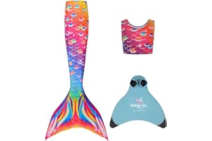 Planet Mermaid Girls Kids 3 Piece Vivid Colour Swimming Rainbow Mermaid Tail, Crop Top & Wear-Resistant Magic Fin Monofin Included. Coral Carnival.