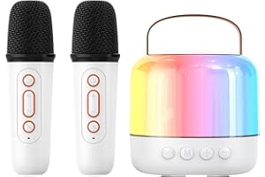 MUMUWIND Karaoke per bambini con 2 microfoni, mini karaoke con microfono portatile, microfono karaoke altoparlante Bluetooth a luce LED con effetti di cambio voce, per regalo di festa di compleanno (White)