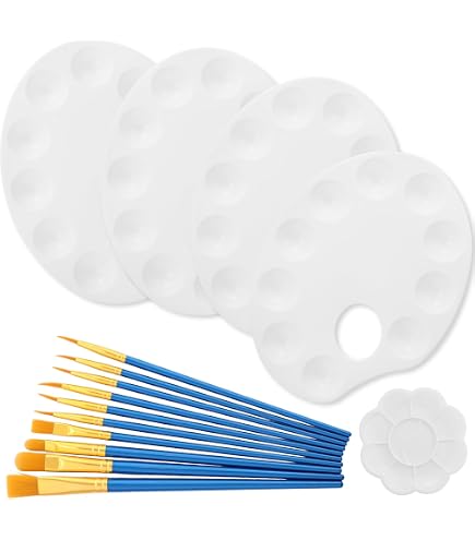 Palette De Peinture Universelle Outtshop 4 Pièces + 20 Pinceaux - 10 Compartiments Pour Mélange Acrylique Aquarelle Huile