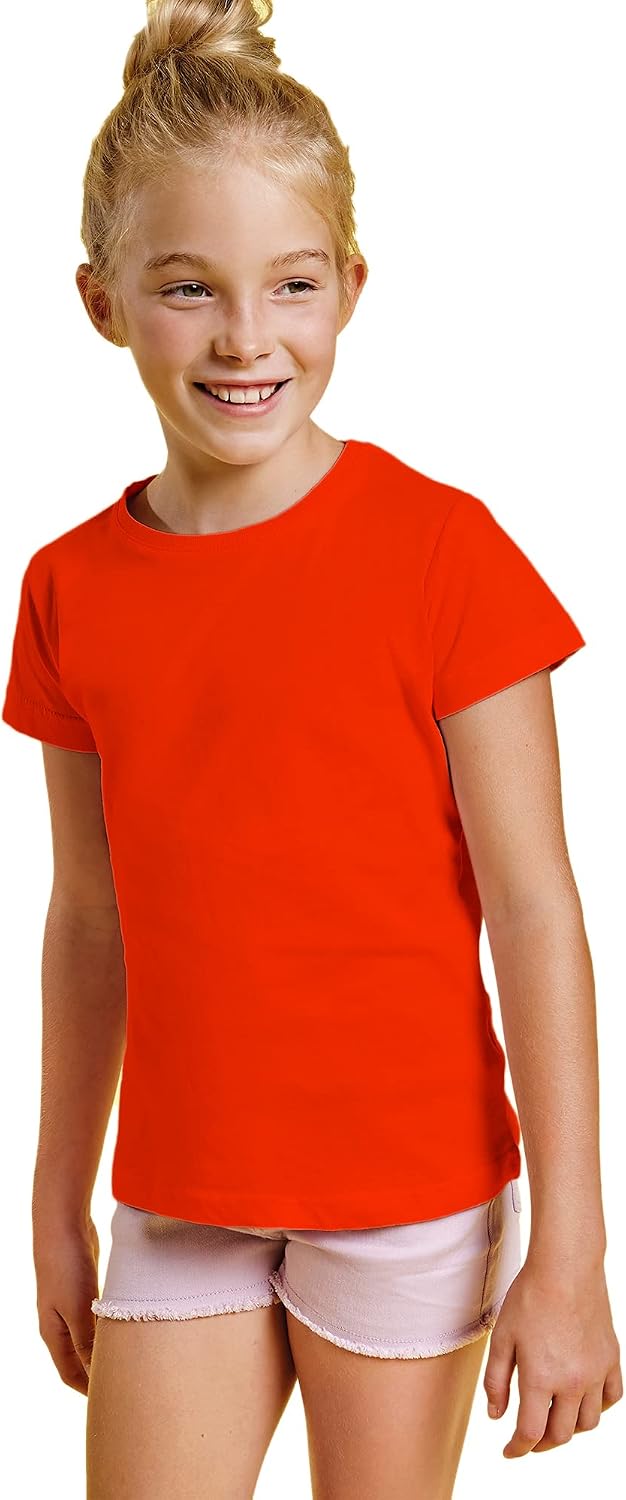 Camiseta de Colores Manga Corta 100% Algodón para Niñas - Camiseta Entallada, Cuello Redondo, cómoda, Suave, Lisa y Elegante