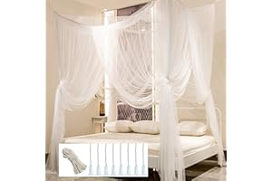 HanYun Moskitonetz für Doppelbett 4 Eckpfosten Elegantes Moskitonetz Bett Baldachin Set, Stick Hook & Profession Seil für Netz, Screen Netting Baldachin Vorhänge, Full/Queen/King (Weiß)