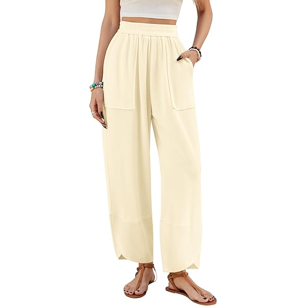 FANSU Damen Sommerhose Leicht & Luftig - Weite Beine Gummizug Musselin Stoff