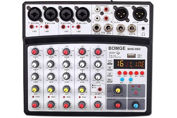 Console de mixage audio DJ professionnelle 6 canaux BOMGE, karaoké avec entrée MP3, USB, entrée Bluetooth, enregistrement stéréo, alimentation fantôme 48 V, processeur 99 DSP- Noir