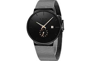 LIGE Montres Homme 3ATM Waterproof Vintage Quartz Date Mens Watches Black Mesh Stainless Steel Strap Business Casual Simple Analogue Wrist Watch Montre Etanche Homme