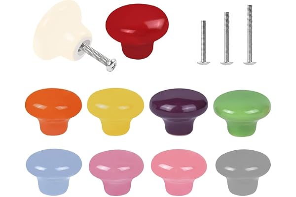ShipeeKin 10x Färgglada Söta Glansiga Keramiska Knoppar Dörrhandtag | Söta byråknoppar Roliga dörrknoppar 32mm Runda svampformade för barnrum Lekrum Pojkar Flickor Skåp Barngarderob