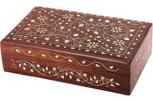 STORE INDYA Handcrafted Decorative Wooden Trinket Jewelry Box with Mughal Inspired Brass Inlay Floral Carvings Treasure Chest keepsake Boxes Jewellery Storage Organiser Great for Gifts - 20X13 CM