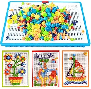 255 pcs Jigsaw Puzzle Mix Colour Mushroom Nails Pegboard Educational Building Blocks Bricks Creative DIY Mosaic Toys 3D Games Birthday Christmas Party Kids Children Age Over 3 Years Old