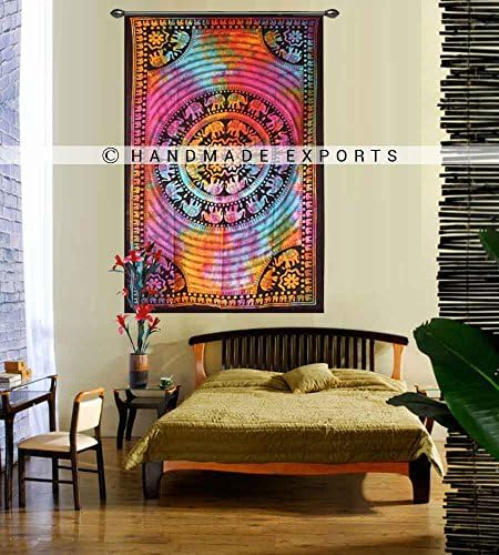 Colorful Tapestry Psychedelic Tie Dye Elephant Mandala Tapestry wall hanging Hippie Mandala Tapestries Indian Cotton Dorm Decor Bohemian Bedspread Table Runner Bed Cover Bed sheet Bedding