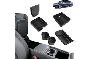 [5 PCS] GAFAT Tesla Model Y Juniper 2025 2026 Boîte de Rangement pour Console Centrale, 2 Organiseurs en Flocage, 1 Porte-Gobelet, 1 Organiseur sous la Console Centrale en TPE, 1 Boîte Cachée