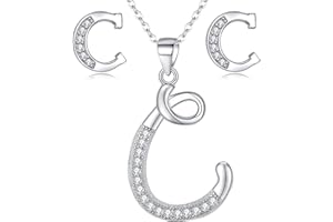RICHARDSON & CLARK Initial Necklace and Stud Earrings Jewellery Set for Women, 925 Sterling Silver Rhodium Plated, Letter Necklace Earrings, Personalised Gifts for Women Mum Girls, Gift For Her Birthday Christmas