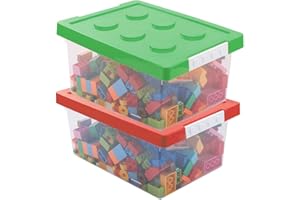 Greentainer Toy Storage Organizer Bins with Lid - Stackable Plastic Organizer Box Set of 2, Kids Toy Chests with Compatible Building Baseplate and Lid, Storage Container for Building Bricks & Toys,Red