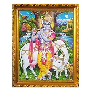 Lalitha Photo Frame Works Lord Krishna with Kamadhenu Gold Photo Frame for Pooja Room (13 X 10 Inch)