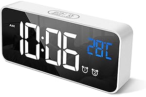 HOMVILLA Reloj Despertador Digital con Gran Pantalla de Temperatura LED, Alarma de Espejo portátil con Doble Alarma Roupillon Tiempo atenuador de Brillo Ajustable en 4 Niveles (Blanco)
