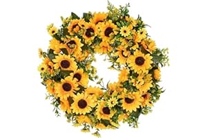 GENERIC Summer Wreaths for Front Door Yellow Sunflower Green Leaves Garland Artificial Flower Wreath for Front Door 40cm