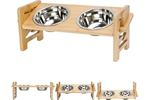 KARBAG Raised Dog Bowls with Stand,6-Level Adjustable Raised Elevated Dog Bowls Bamboo Dog Feeding Station Foldable with 2 Stainless Steel Pet Bowl Bamboo Dog Bowl Stand for Small Medium Dogs Cats