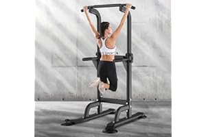 DlandHome Barre de Traction abdominaux sur Pied Ajustable Dips Musculation Tower Station de Tractions Chaise Romaine, accoudoirs, Fitness, Noir