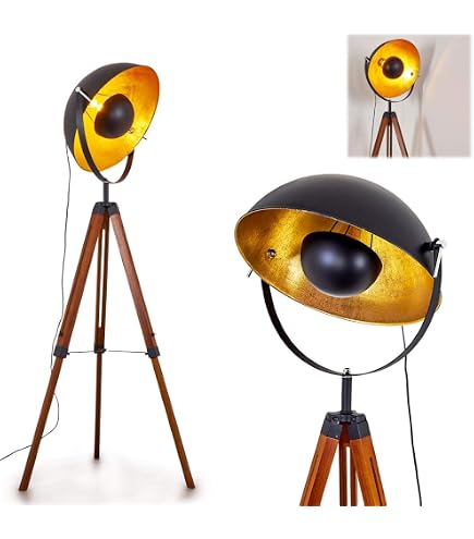Lampada Da Terra A Treppiede In Legno E Ottone Antico - Altezza 152 Cm - Stile Vintage Per Soggiorno