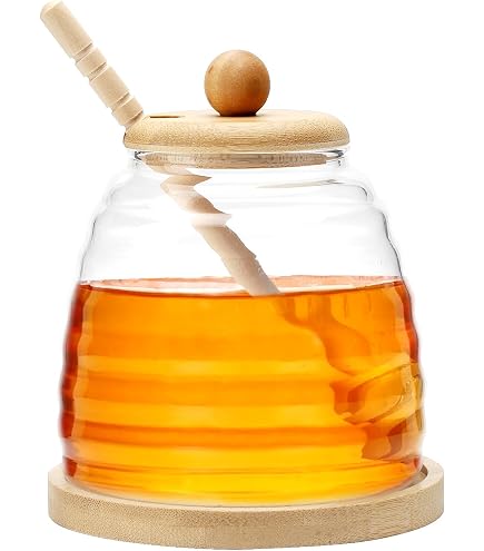 Pot à Miel Avec Cuillère En Bois 400ml - Distributeur De Miel Élégant - Verre Borosilicate Qualité Alimentaire