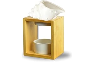 ZEN ARÔME Quema Perfume Shell – Quemador de Fondant Cera Perfumada – Difusor de Aceite Esencial y Ambiente – Candelabro de Aromaterapia con Vela de Madera y Cerámica – Altura: 12 cm